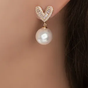 14K Crystal Heart & Pearl Earrings
