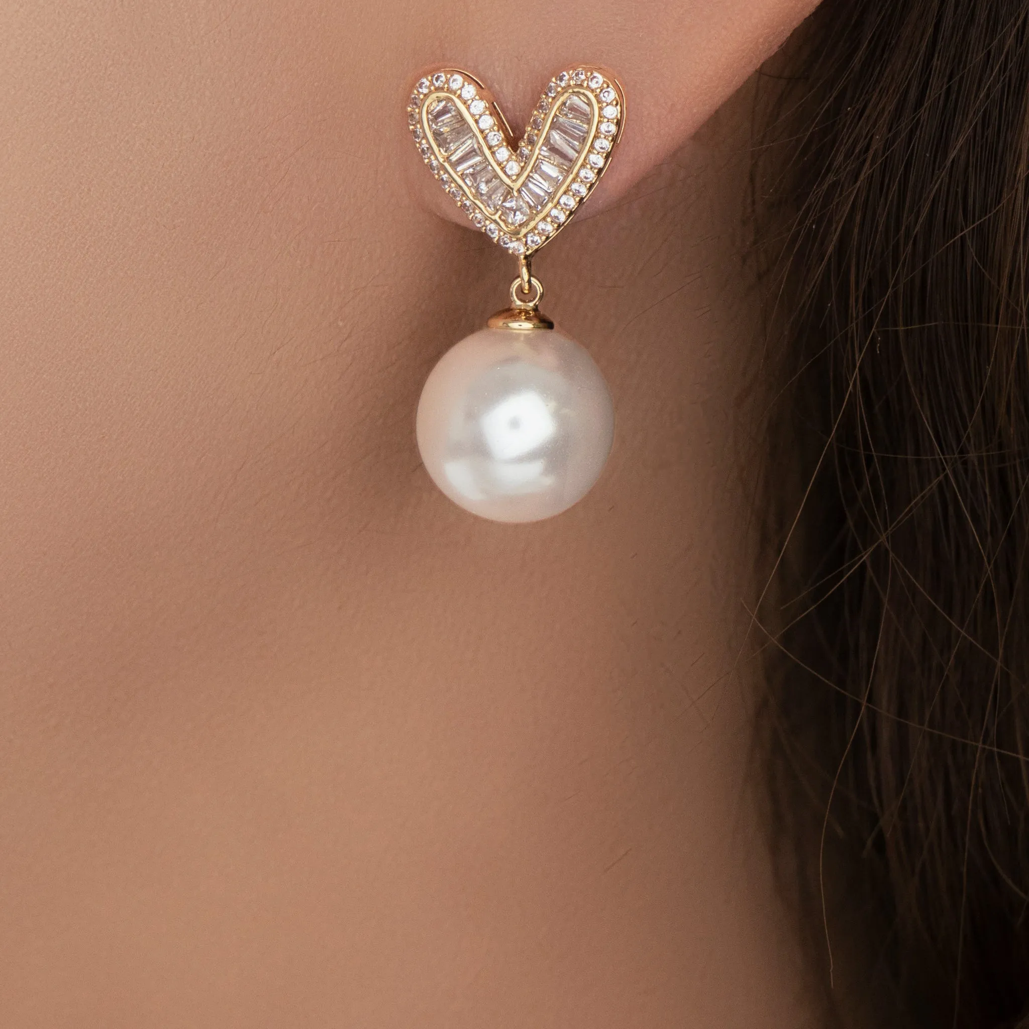 14K Crystal Heart & Pearl Earrings