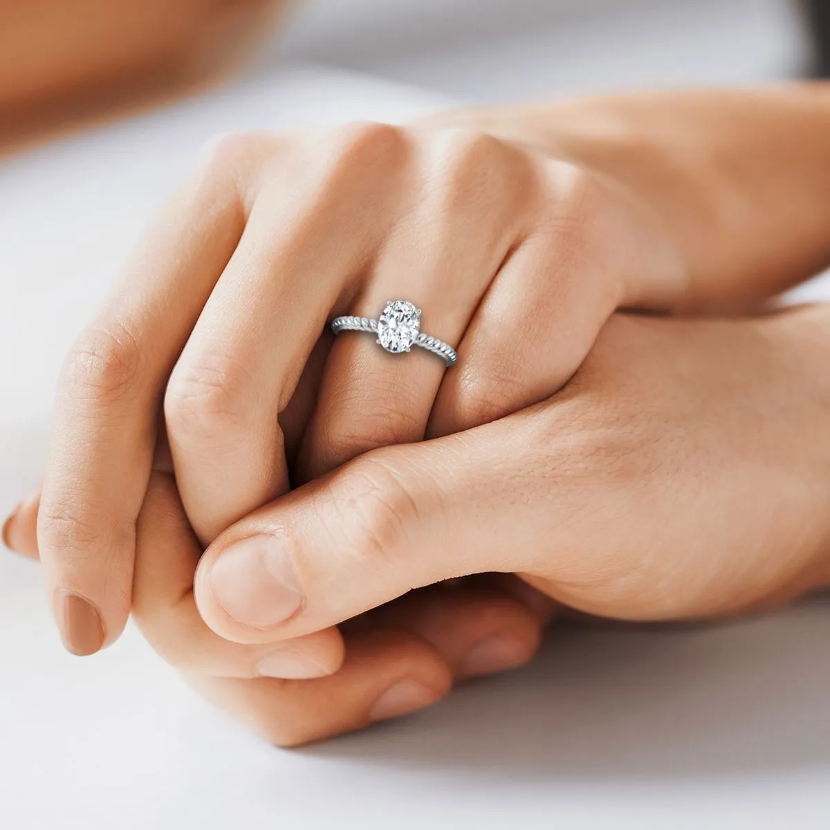 14K White Gold Oval Emerald Twisted Rope Solitaire With Surprize Diamond Engagement Ring