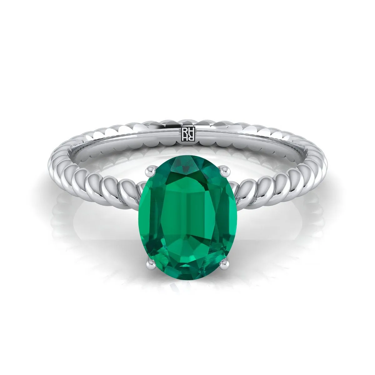 14K White Gold Oval Emerald Twisted Rope Solitaire With Surprize Diamond Engagement Ring