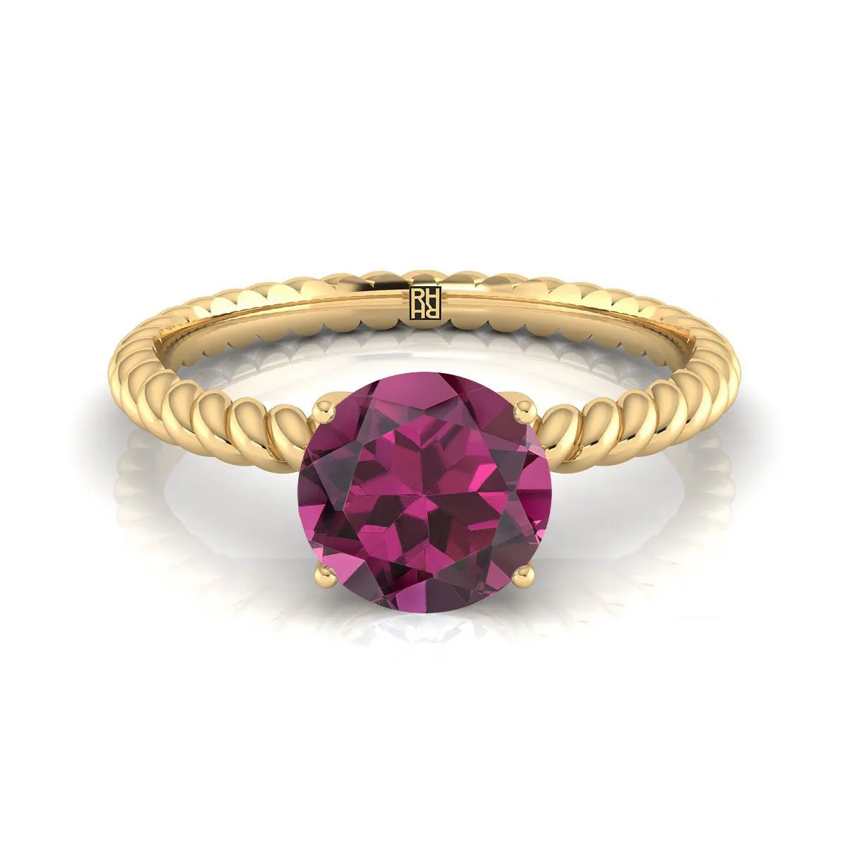 14K Yellow Gold Round Brilliant Garnet Twisted Rope Solitaire With Surprize Diamond Engagement Ring