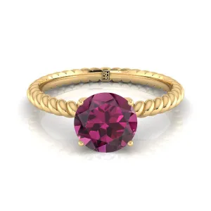 14K Yellow Gold Round Brilliant Garnet Twisted Rope Solitaire With Surprize Diamond Engagement Ring