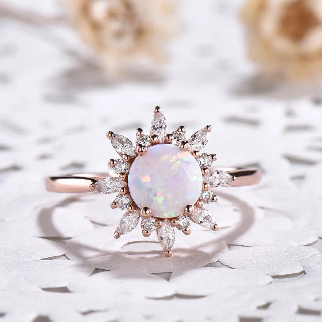 14K/18K Floral Opal And Moissanite Diamonds Engagement Ring Unique