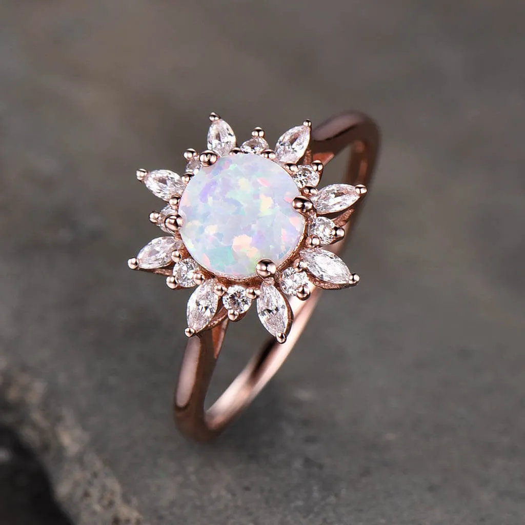 14K/18K Floral Opal And Moissanite Diamonds Engagement Ring Unique