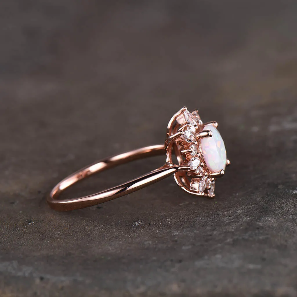 14K/18K Floral Opal And Moissanite Diamonds Engagement Ring Unique