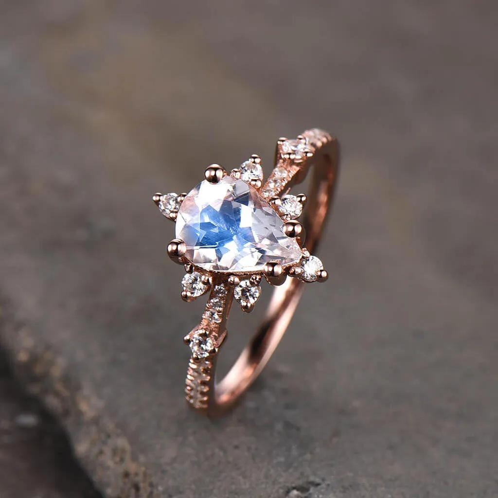 14K/18K Rose Gold Rainbow Moonstone And Diamond Engagement Ring Unique