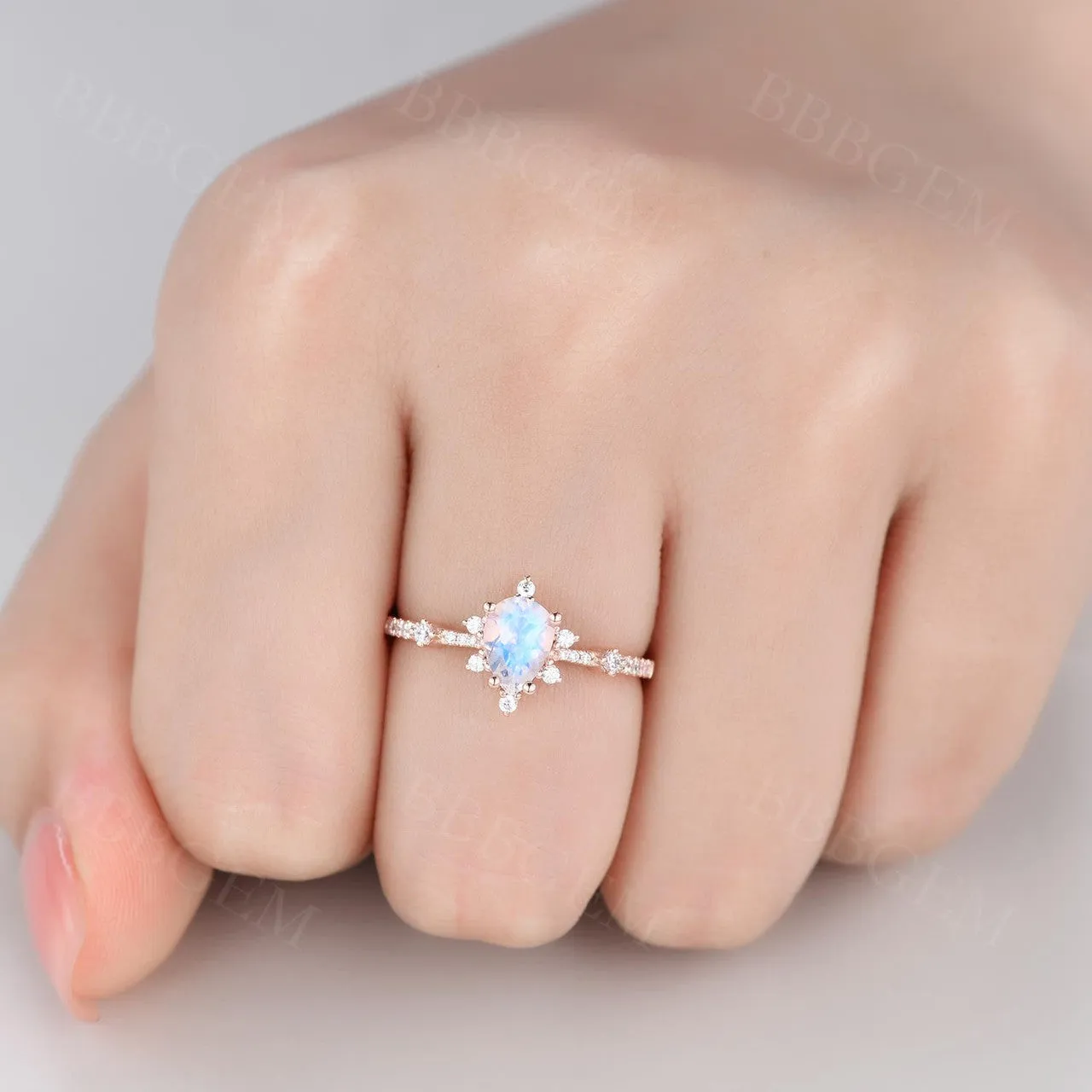 14K/18K Rose Gold Rainbow Moonstone And Diamond Engagement Ring Unique
