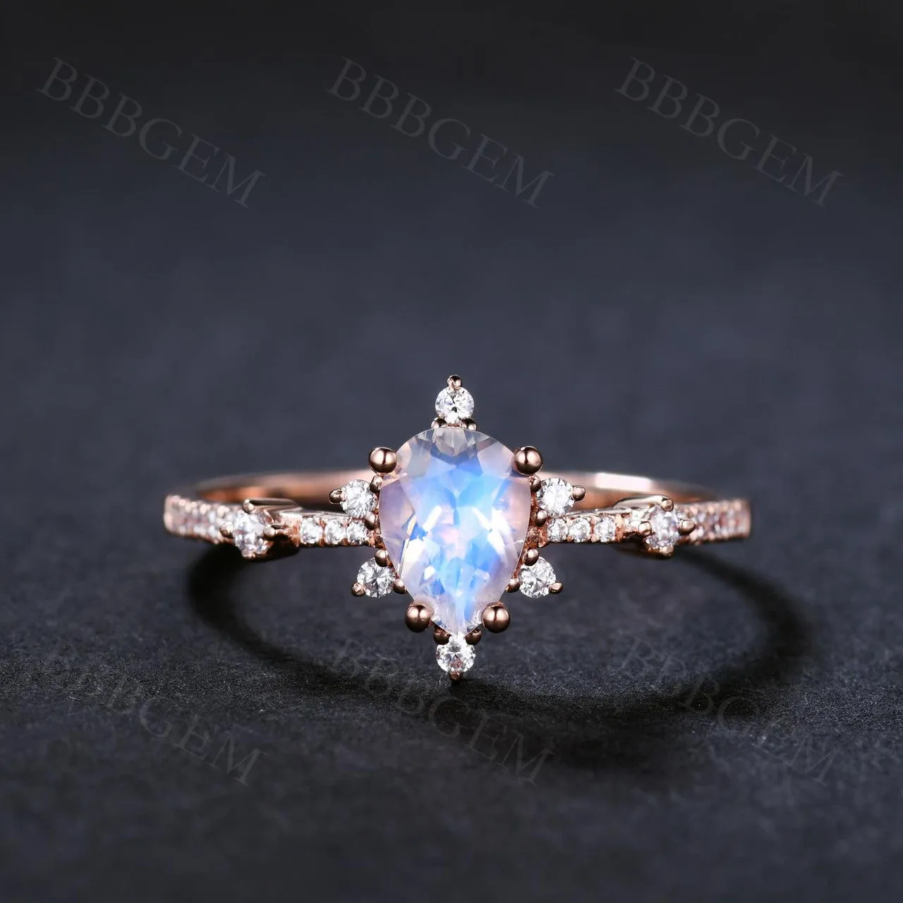 14K/18K Rose Gold Rainbow Moonstone And Diamond Engagement Ring Unique