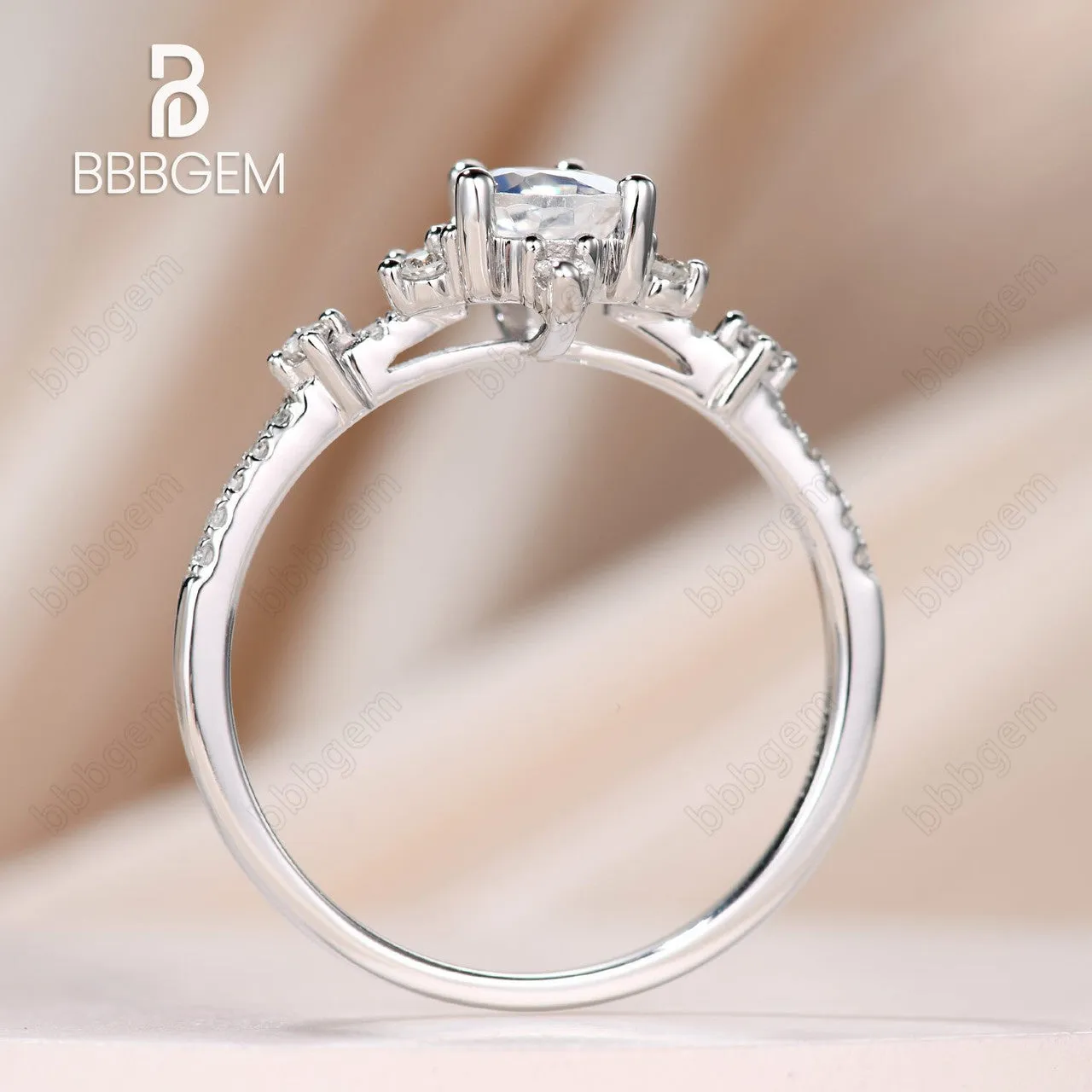14K/18K Rose Gold Rainbow Moonstone And Diamond Engagement Ring Unique