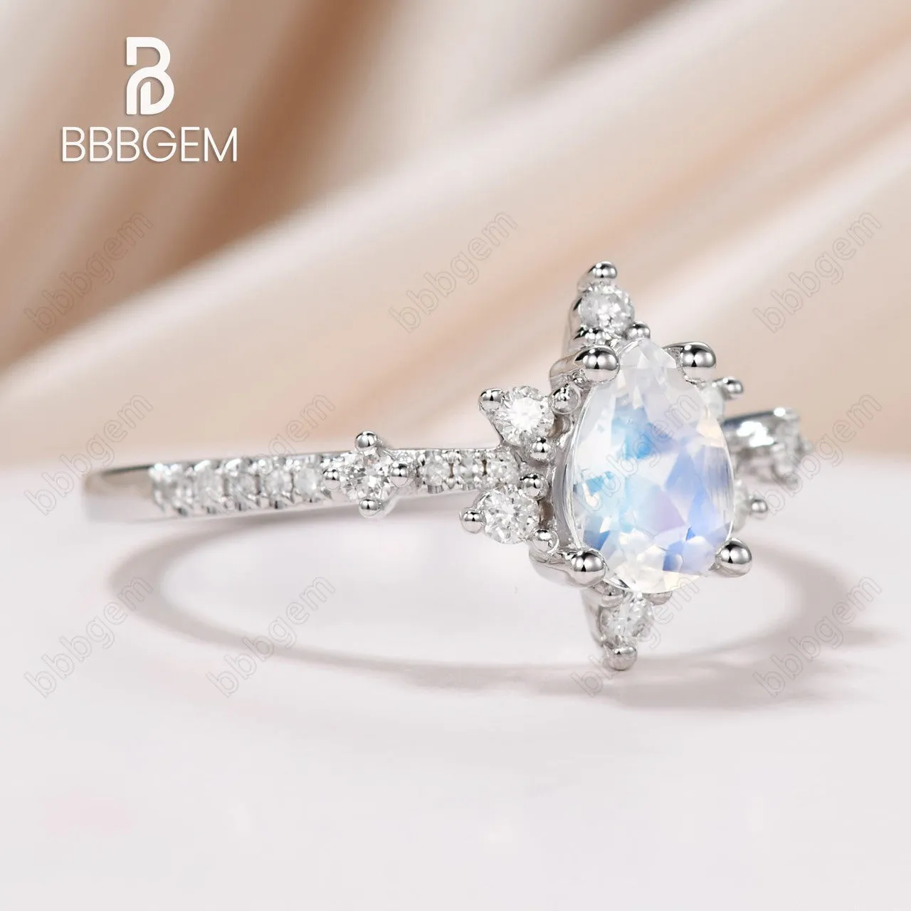 14K/18K Rose Gold Rainbow Moonstone And Diamond Engagement Ring Unique