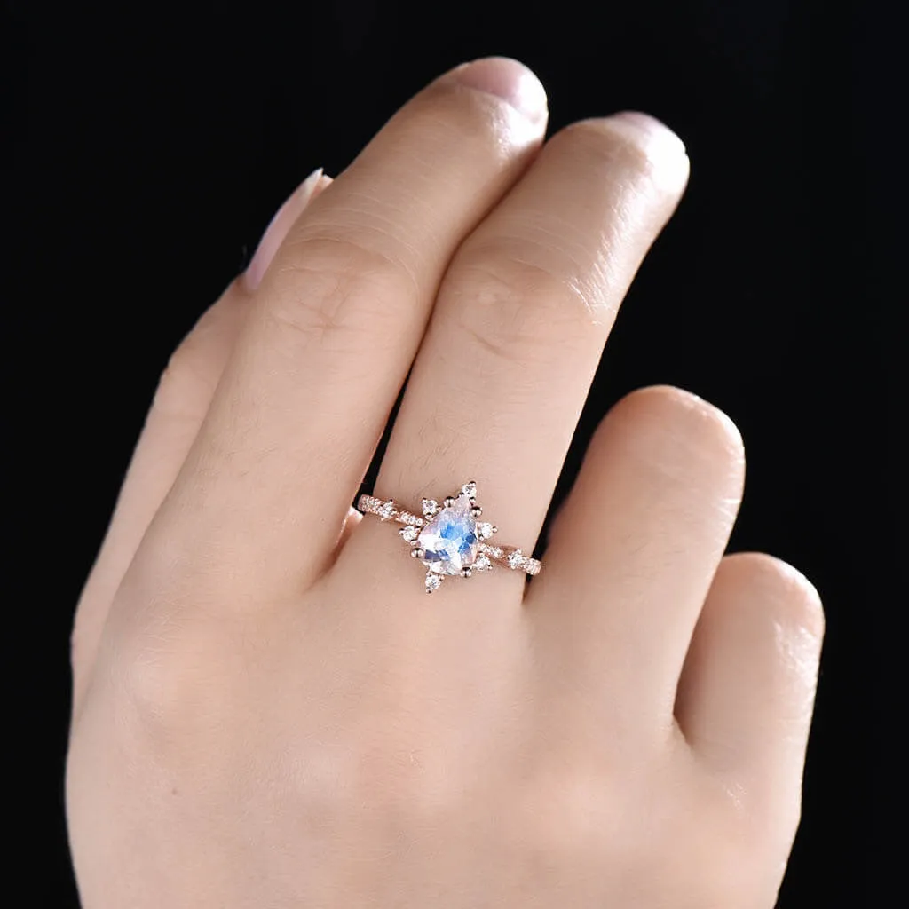 14K/18K Rose Gold Rainbow Moonstone And Diamond Engagement Ring Unique