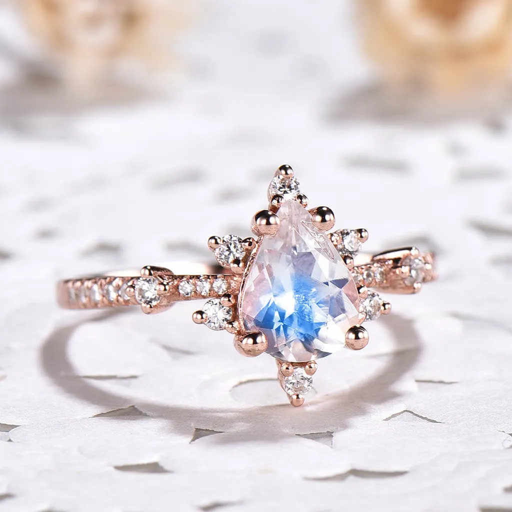14K/18K Rose Gold Rainbow Moonstone And Diamond Engagement Ring Unique