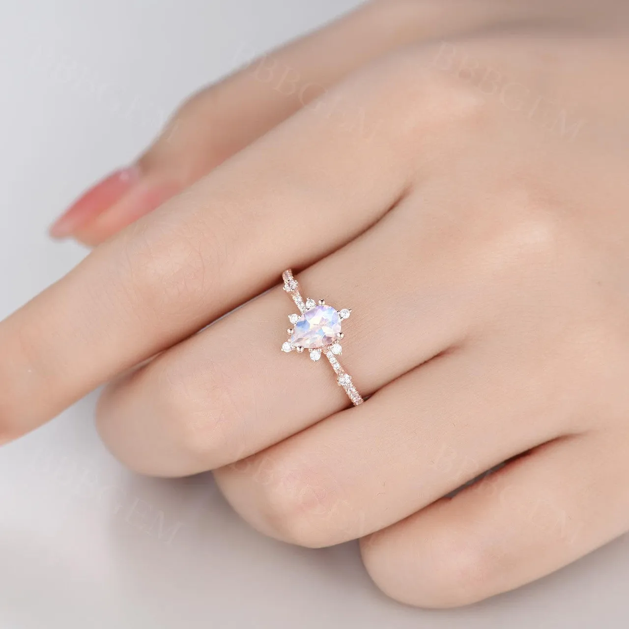 14K/18K Rose Gold Rainbow Moonstone And Diamond Engagement Ring Unique