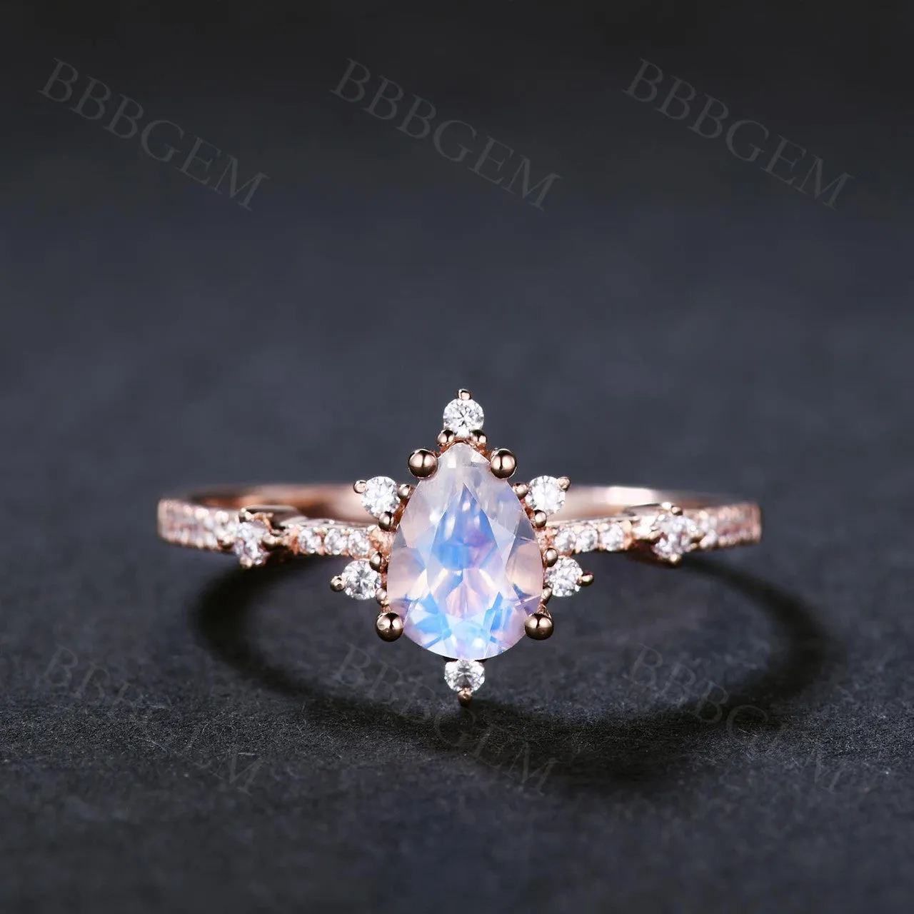 14K/18K Rose Gold Rainbow Moonstone And Diamond Engagement Ring Unique