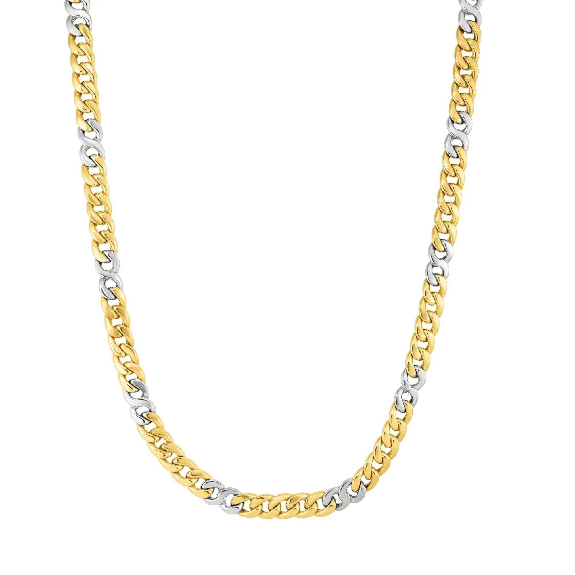 14kt Gold 22 inches Yellow White Finish 7mm Shiny Oval Fancy Link Necklace with Lobster Clasp