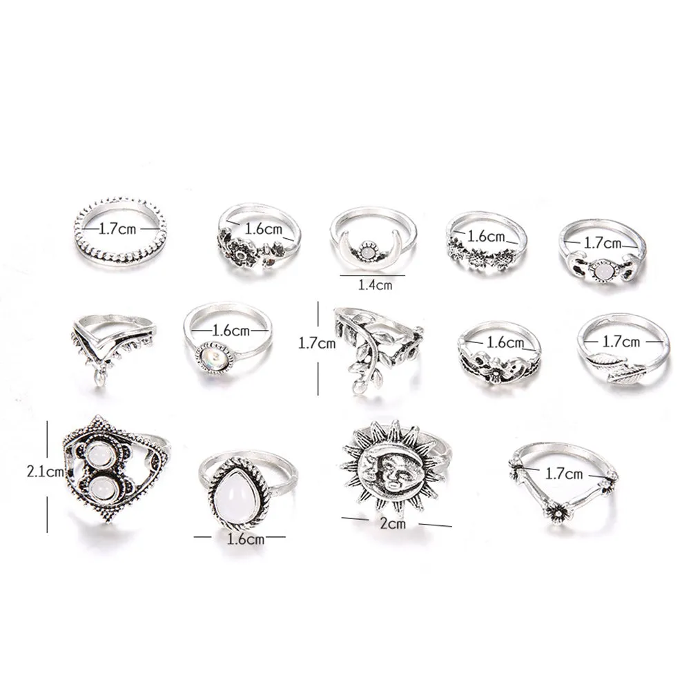 14Pcs Vintage Sunflower Moon Finger Midi Knuckle Rings Set Women Party Jewelry
