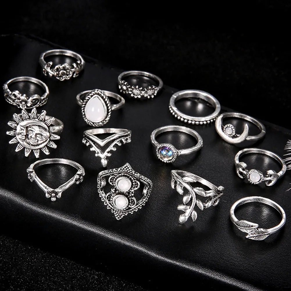 14Pcs Vintage Sunflower Moon Finger Midi Knuckle Rings Set Women Party Jewelry