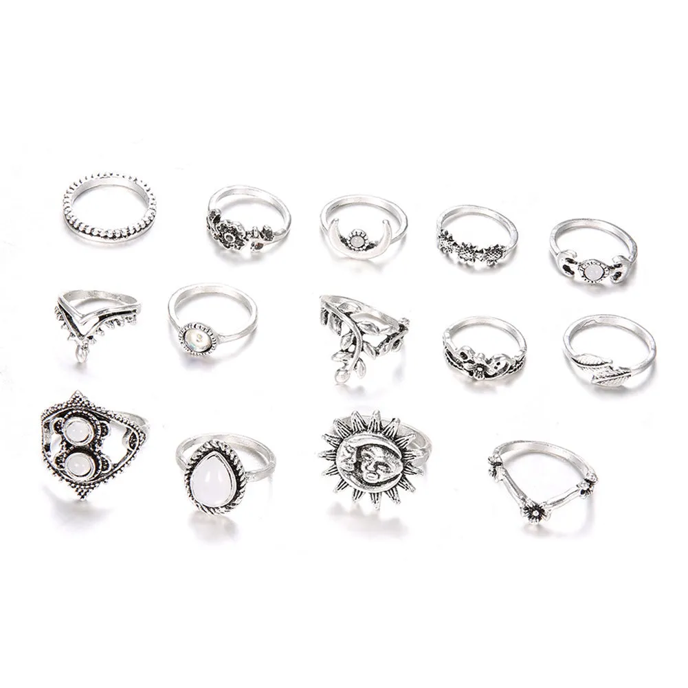 14Pcs Vintage Sunflower Moon Finger Midi Knuckle Rings Set Women Party Jewelry