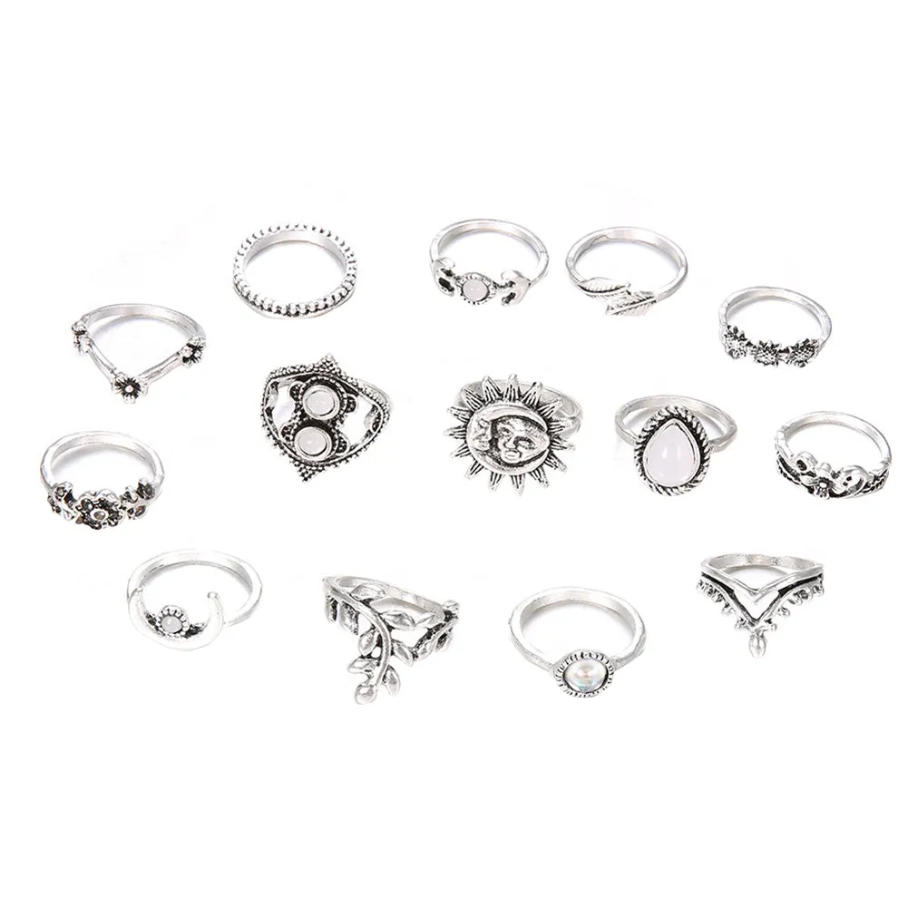 14Pcs Vintage Sunflower Moon Finger Midi Knuckle Rings Set Women Party Jewelry