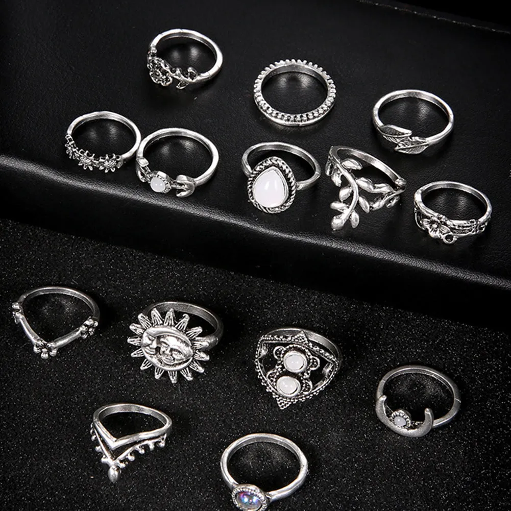 14Pcs Vintage Sunflower Moon Finger Midi Knuckle Rings Set Women Party Jewelry