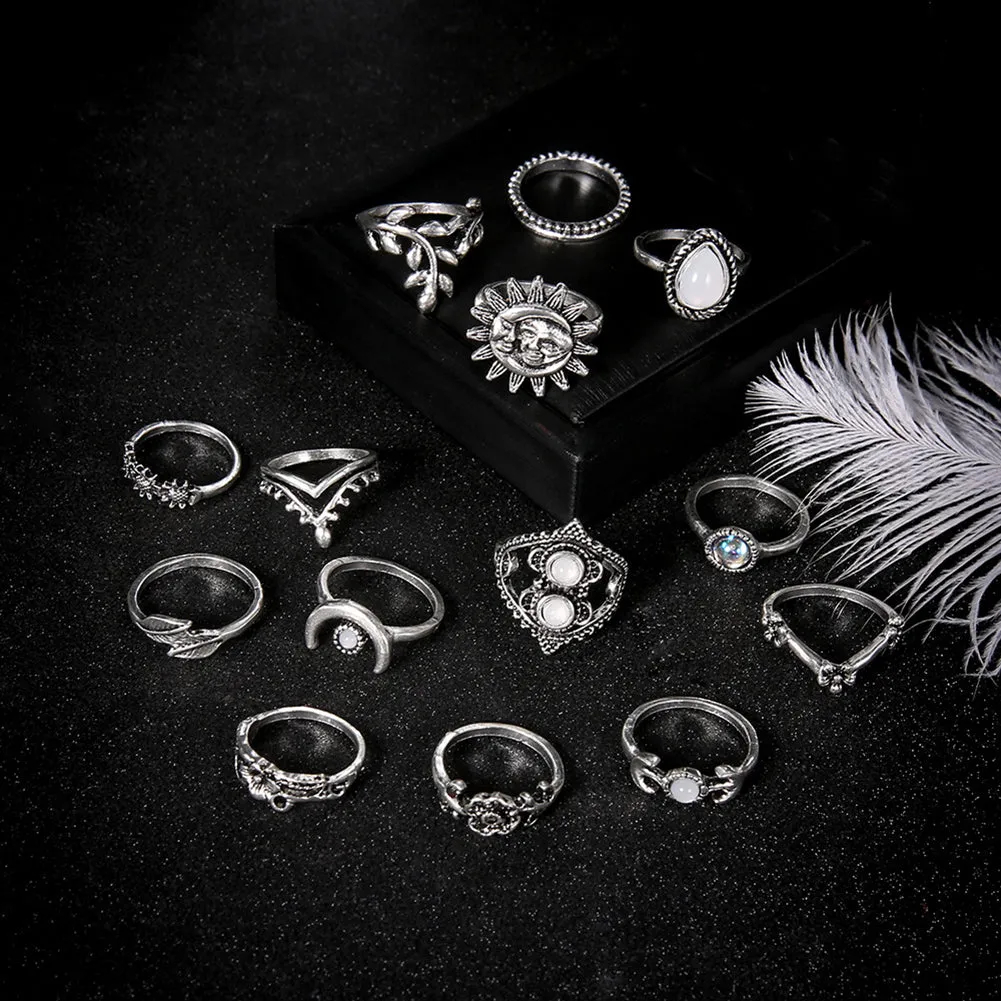 14Pcs Vintage Sunflower Moon Finger Midi Knuckle Rings Set Women Party Jewelry