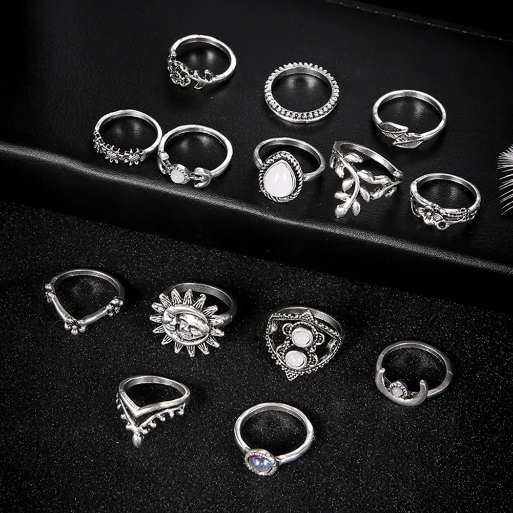 14Pcs Vintage Sunflower Moon Finger Midi Knuckle Rings Set Women Party Jewelry