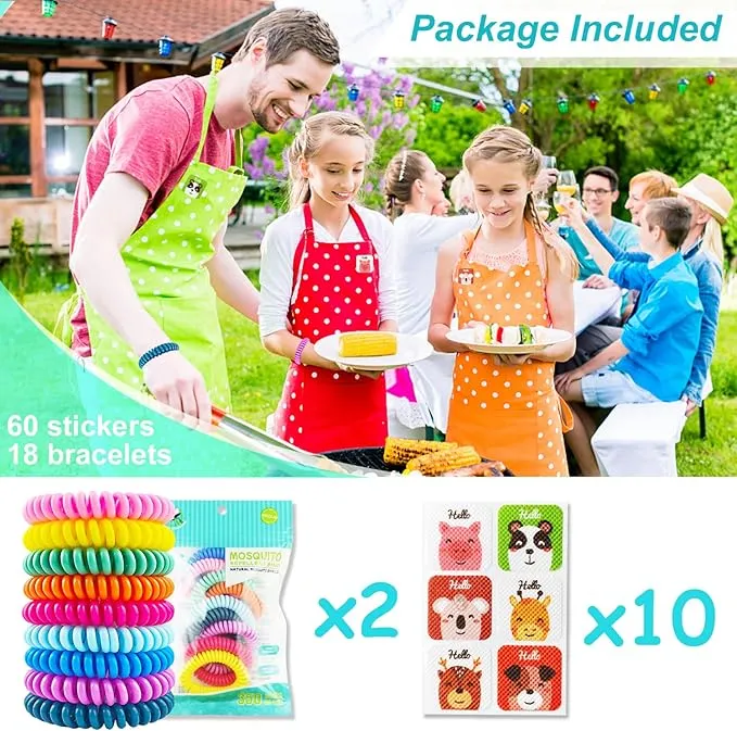 18 Pack Mosquito Repellent Bracelets, DEET-Free Insect & Bug Repellent Wrist Bands with 60 Pack Smile Mosquito Patches for Kids & Adults Outdoor Camping Fishing Traveling