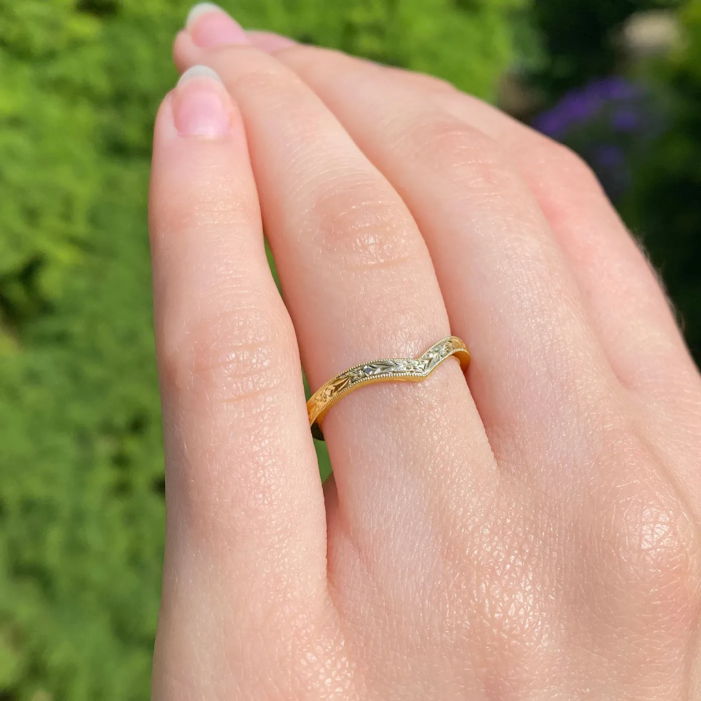 18ct Gold Orange Blossom Engraved Wishbone Wedding Ring