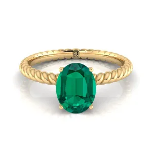 18K Yellow Gold Oval Emerald Twisted Rope Solitaire With Surprize Diamond Engagement Ring
