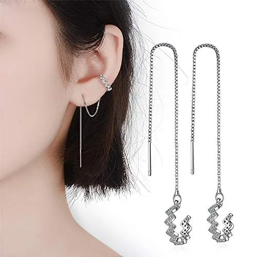 925 Sterling Silver Tassel Earrings Silver Wave Cuff Earrings Wrap for Women Threader Earrings