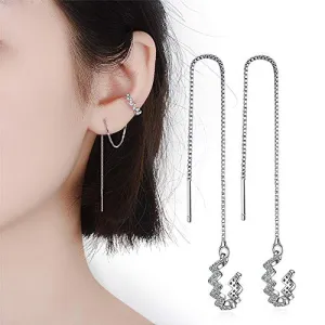 925 Sterling Silver Tassel Earrings Silver Wave Cuff Earrings Wrap for Women Threader Earrings
