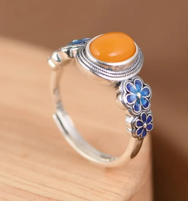 Artistic Cloisonné Flower Silver Ring Inlaid Amber Adjustable Ring,Anniversary Ring Wedding Ring  0035