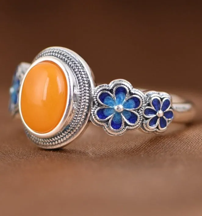 Artistic Cloisonné Flower Silver Ring Inlaid Amber Adjustable Ring,Anniversary Ring Wedding Ring  0035