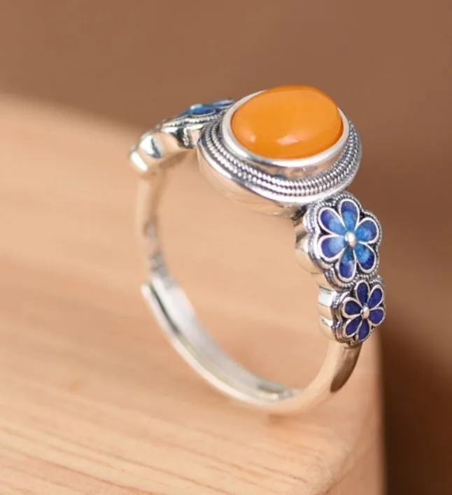 Artistic Cloisonné Flower Silver Ring Inlaid Amber Adjustable Ring,Anniversary Ring Wedding Ring  0035