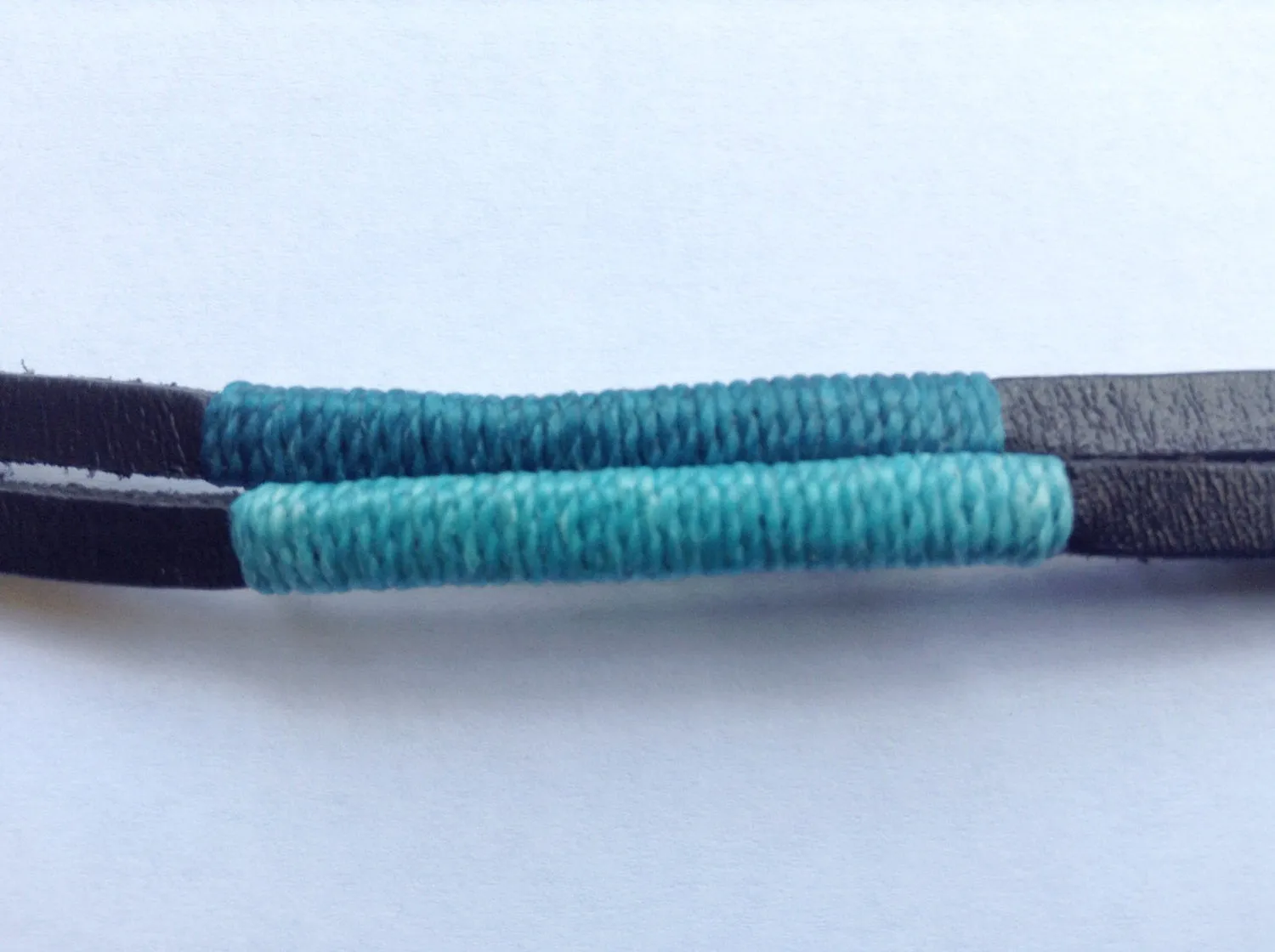 Black Leather Mens Bracelet Decorate with Turquoise Wax Nylon Cord