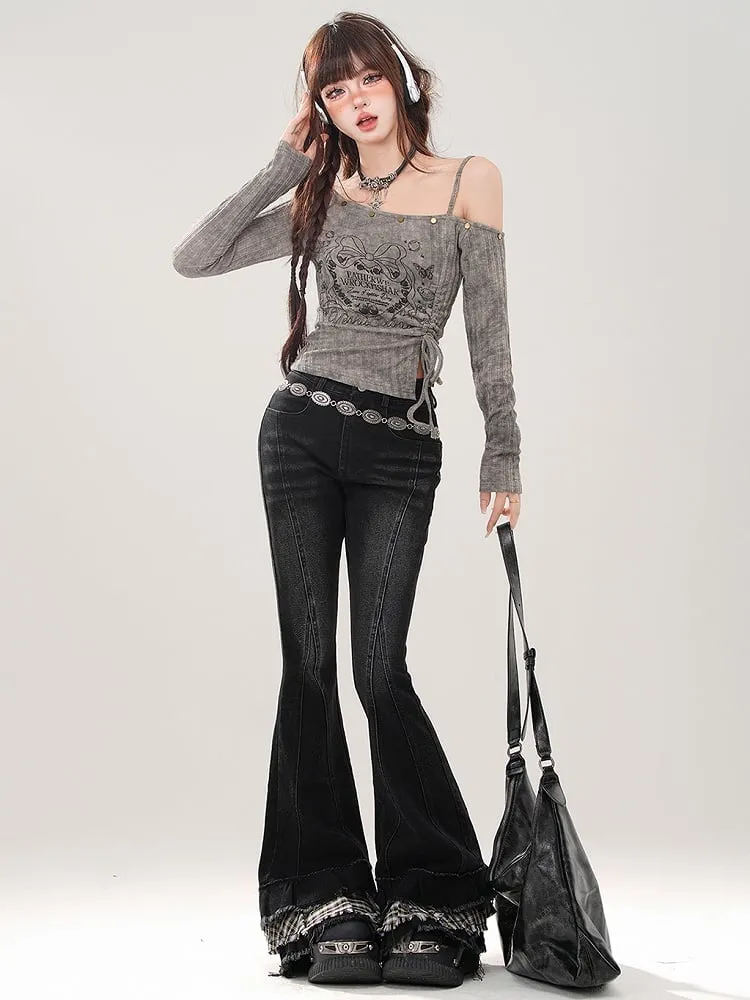 Black Plaid Patchwork Cuffs Fishtail Jeans