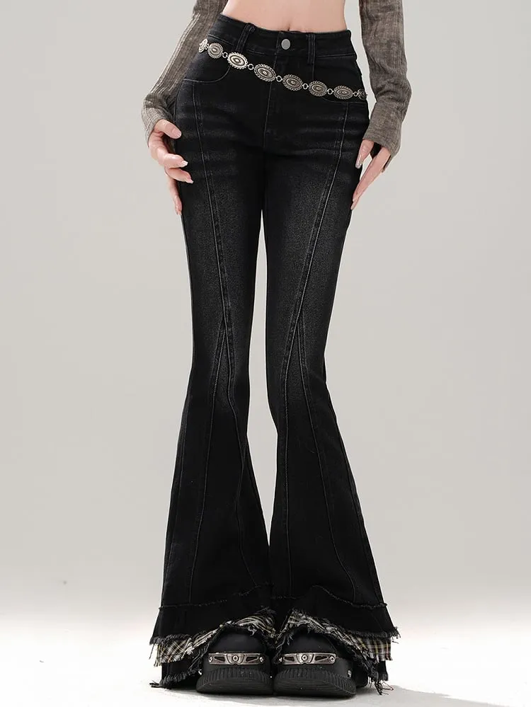 Black Plaid Patchwork Cuffs Fishtail Jeans