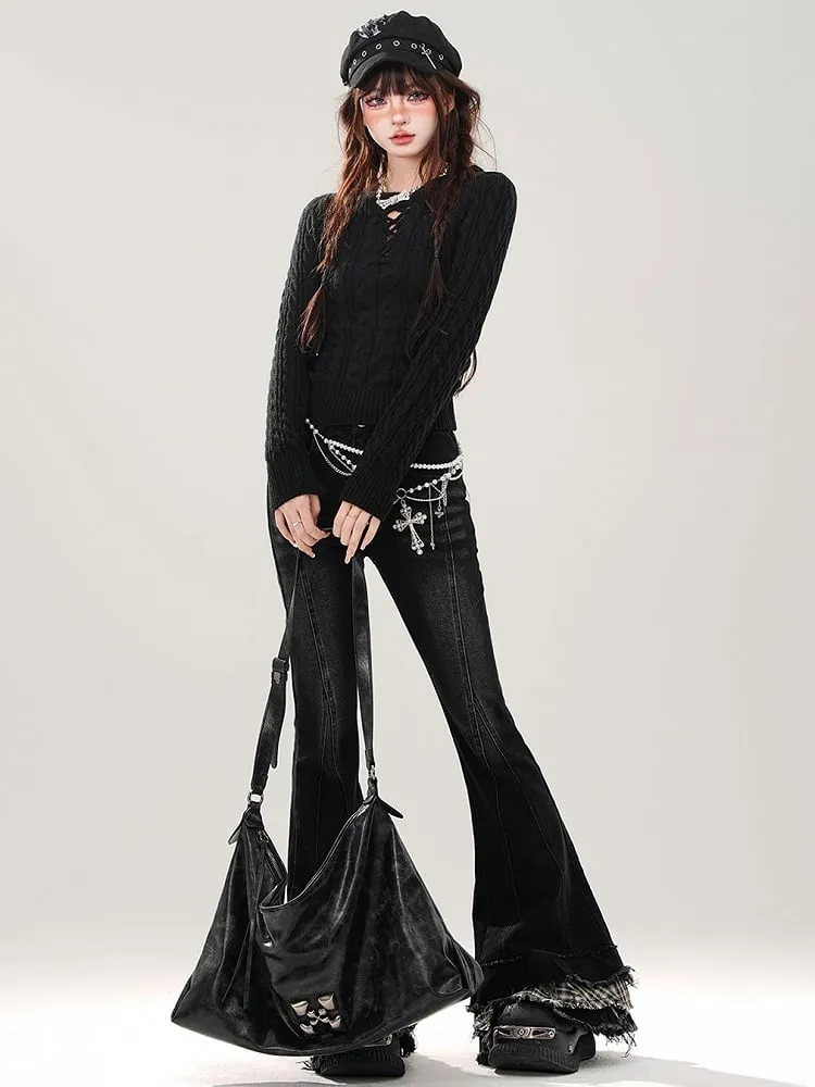 Black Plaid Patchwork Cuffs Fishtail Jeans