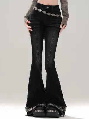 Black Plaid Patchwork Cuffs Fishtail Jeans