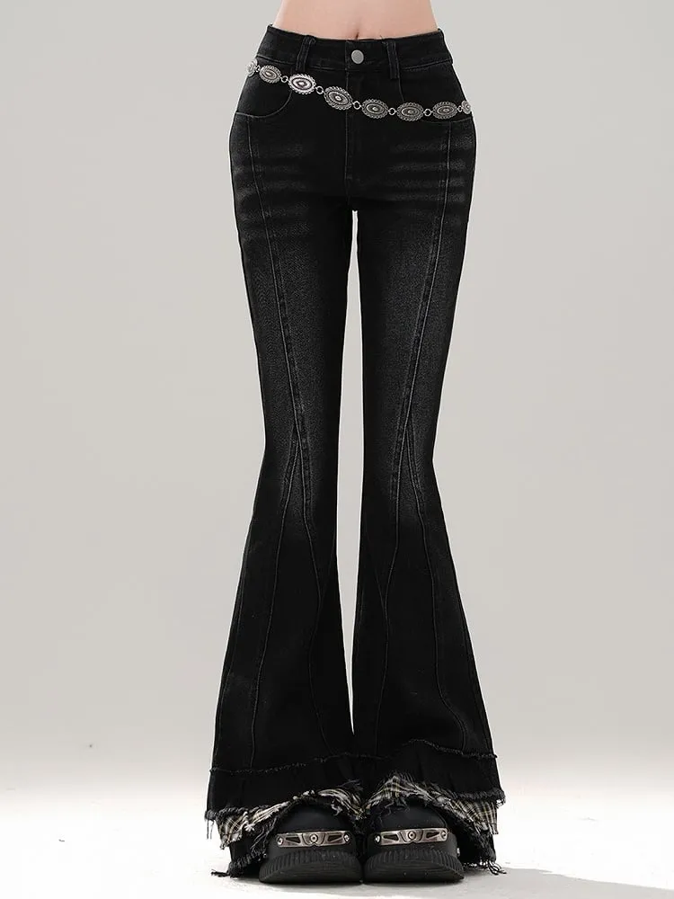 Black Plaid Patchwork Cuffs Fishtail Jeans
