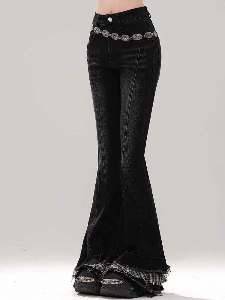 Black Plaid Patchwork Cuffs Fishtail Jeans