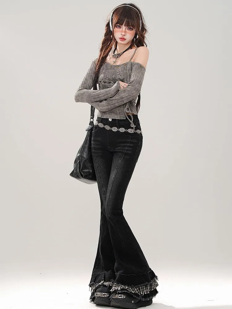 Black Plaid Patchwork Cuffs Fishtail Jeans