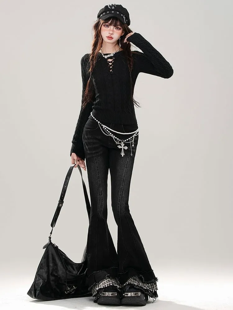 Black Plaid Patchwork Cuffs Fishtail Jeans