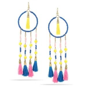 BLUE YELLOW AND PINK BEADS AND THREAD LONG TASSEL EARRINGS #KBI-ER-K7438-MLT (PF7)