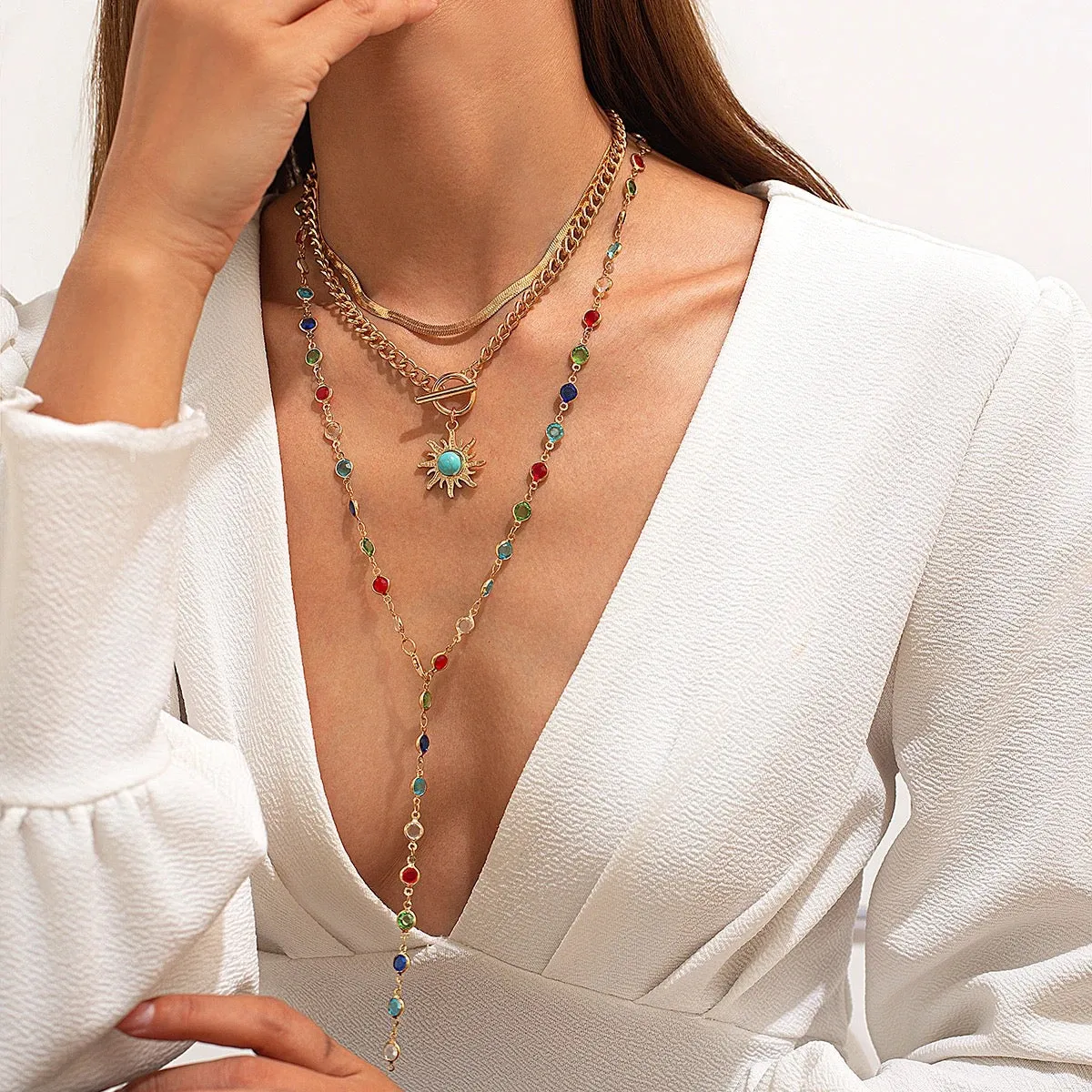 Bohemian 3 Layers Sunflower Pendant Y Shape Necklace