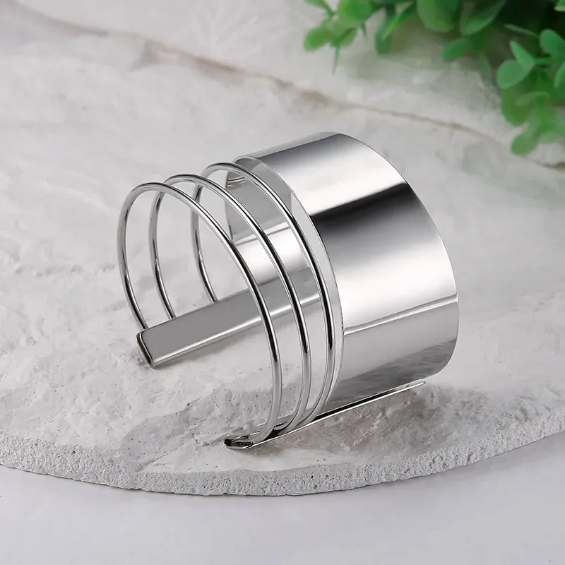 Boho Wide Line Cuff Open Bracelet - New, Punk, Cool Psycho Shiny Ring Bracelet - Adjustable Ladies Wrist Accessories for Girls - Trendy Jewelry