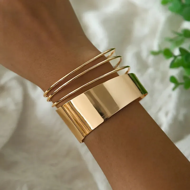 Boho Wide Line Cuff Open Bracelet - New, Punk, Cool Psycho Shiny Ring Bracelet - Adjustable Ladies Wrist Accessories for Girls - Trendy Jewelry