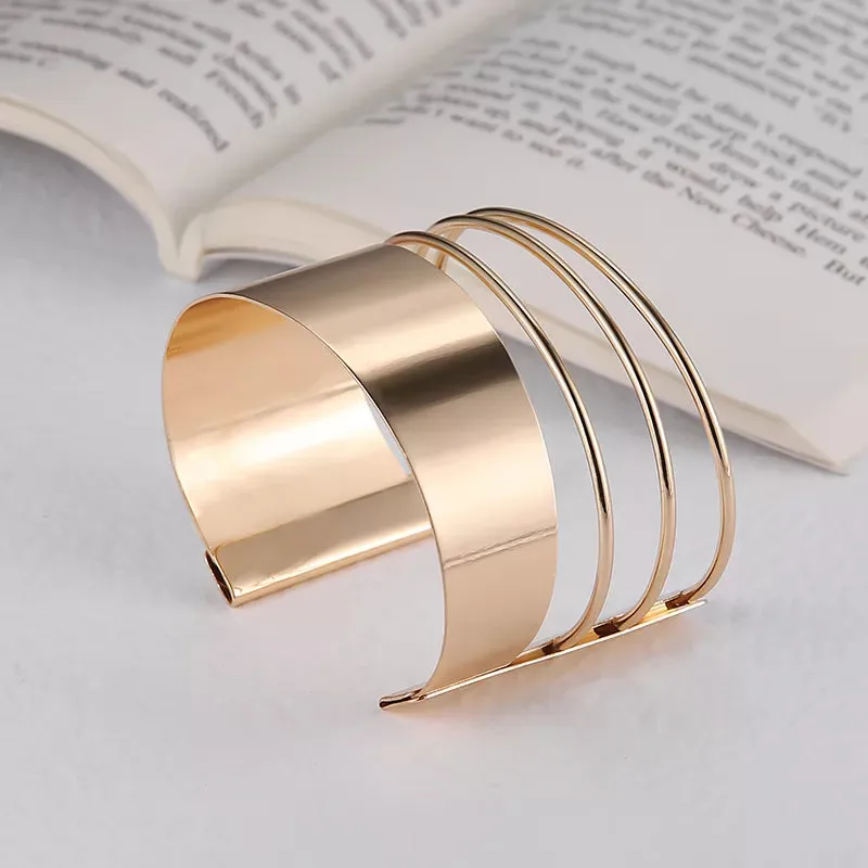 Boho Wide Line Cuff Open Bracelet - New, Punk, Cool Psycho Shiny Ring Bracelet - Adjustable Ladies Wrist Accessories for Girls - Trendy Jewelry