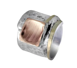Bold Elegance: Handcrafted Tree Tones in Silver and Gold Unique Statement Ring