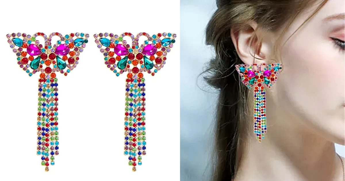 Bold Vibrant Colorful Rhinestone Tassel Gold Butterfly Earrings